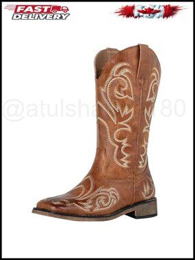 Women's Square Toe Embroidered Mid Calf Cowboy Boots Faux Leather Western